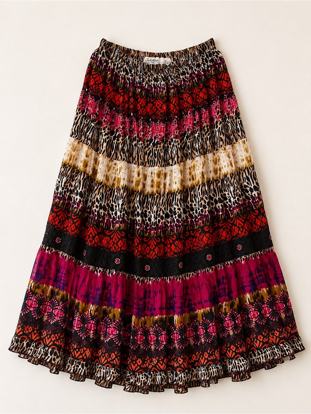 Mixed-Print Tiered Maxi Skirt in Red, Pink & Cream - Picture 1 of 3